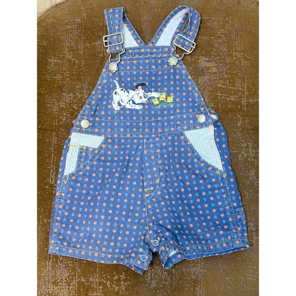 Vintage Disney 101 Dalmatians Blue Denim Overalls Shortalls Embroidered Puppy